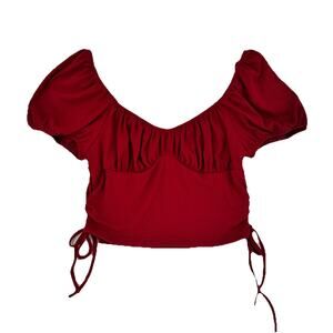 SHEIN Red Ruched Puff Sleeve Crop Top XL Peasant Cottagecore Blouse